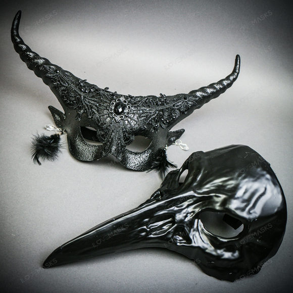 Black Raven Bird Nose Skull w/ Long Horns Elegant Devil Eye w/ Black Couple Mask
